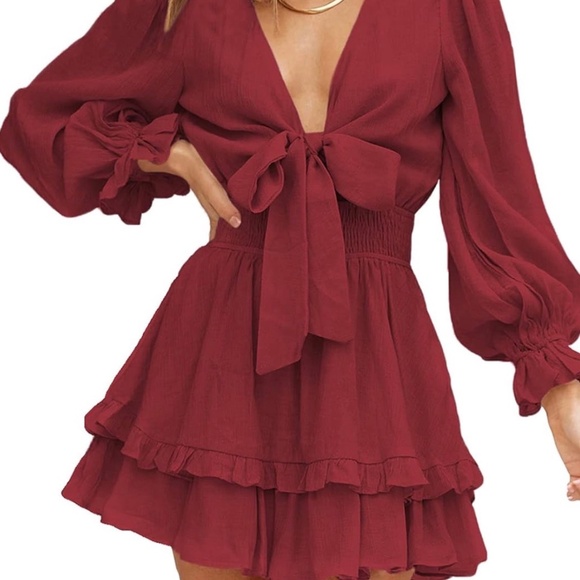 Red long sleeve front tie dress . - Picture 1 of 5